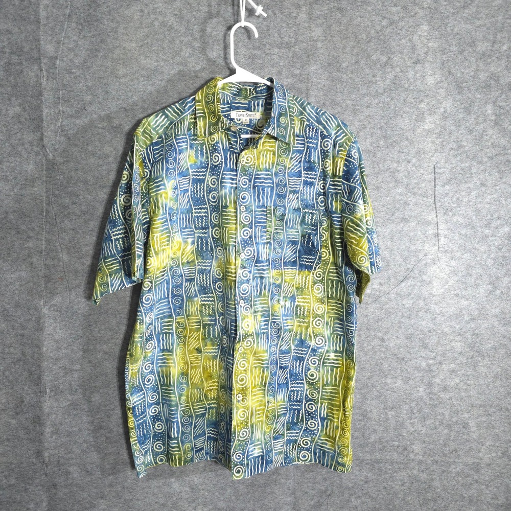 TravelSmith Batik Tribal Shirt Mens M Blue Lime Green Aloha Cotton Hawaii Casual